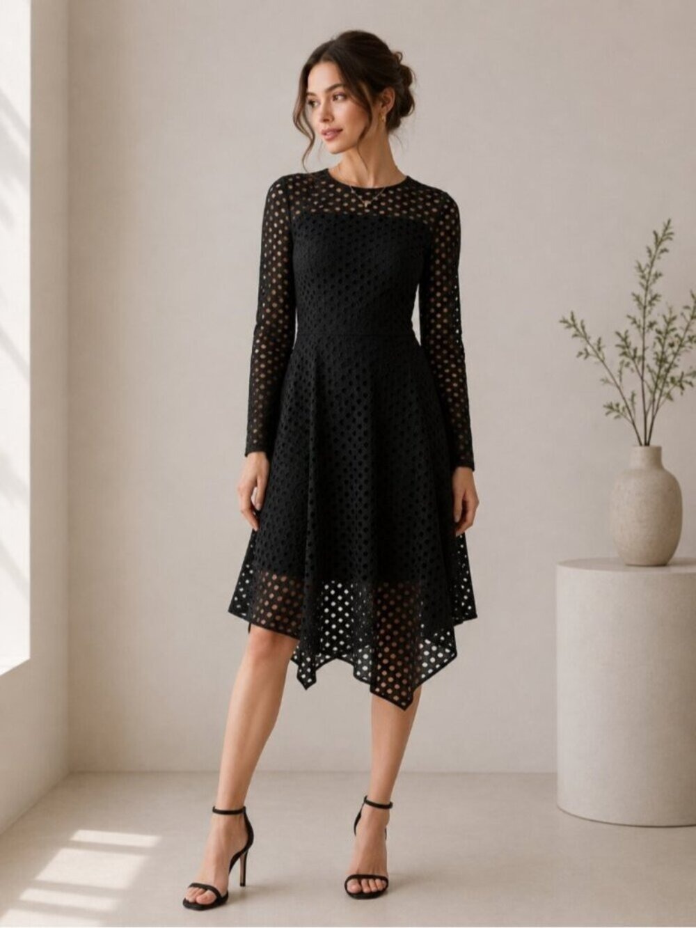 Maje Black Eyelet Fit & Flare Midi Dress Sheer Sleeve Party Dress Size 1 0741